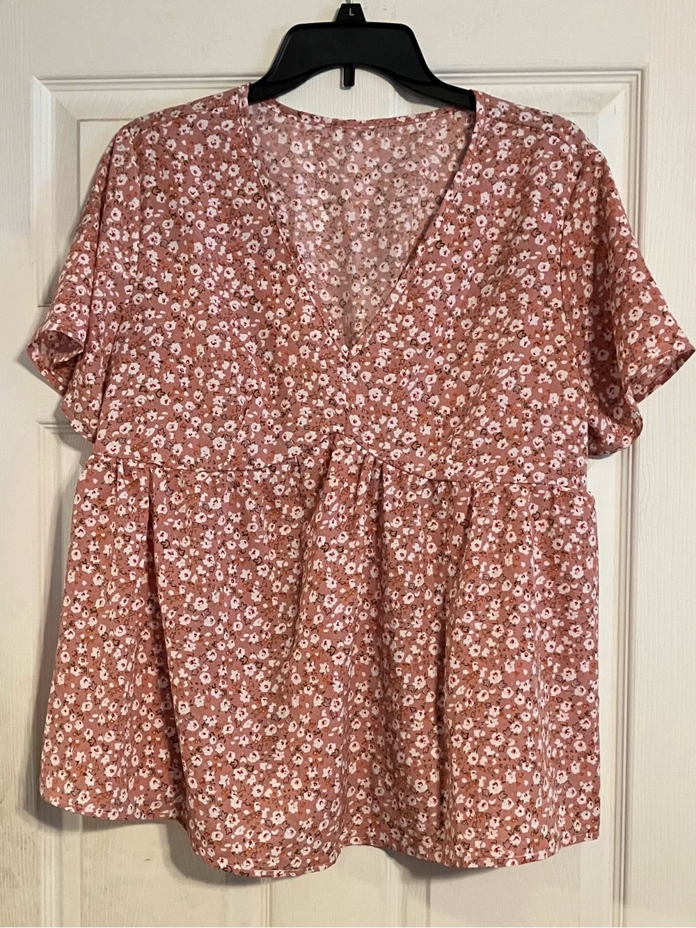 Dusty Rose Pink Floral Short Sleeve Babydoll Top V-Neck Peplum Blouse Size XL